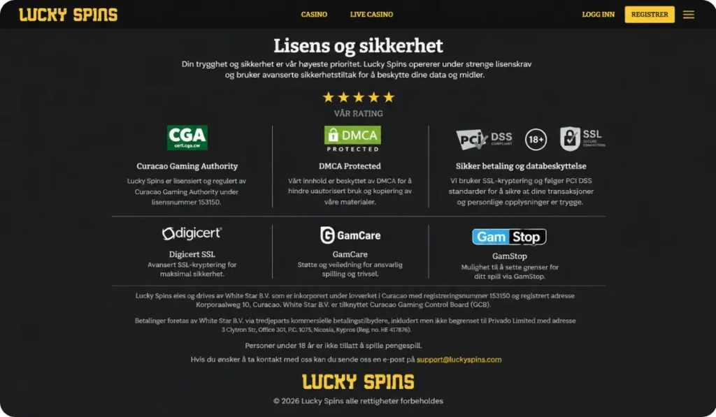 Lisens og sikkerhet Lucky Spins
