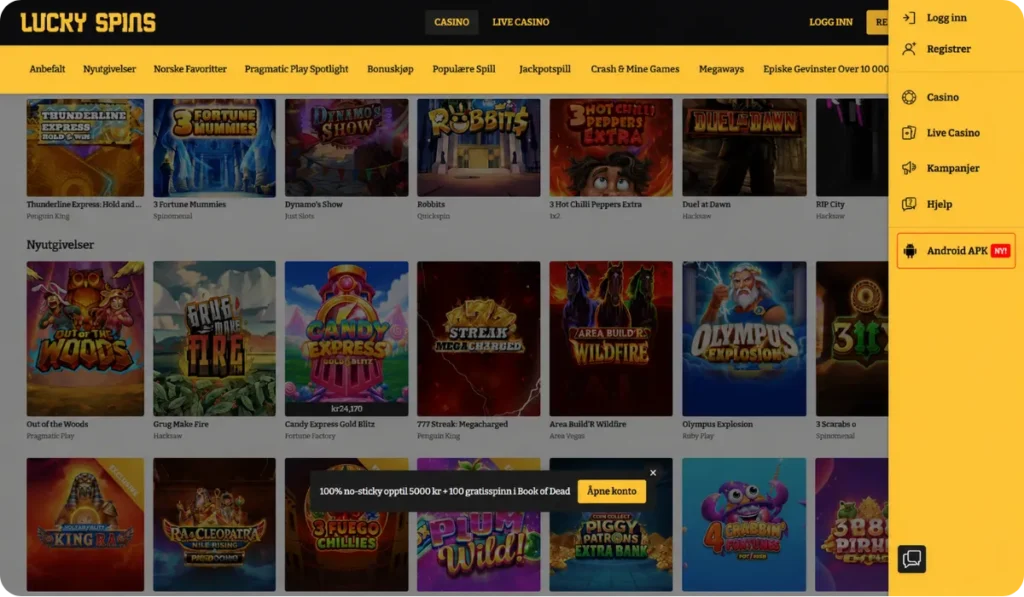 Lucky Spins casino mobil og app