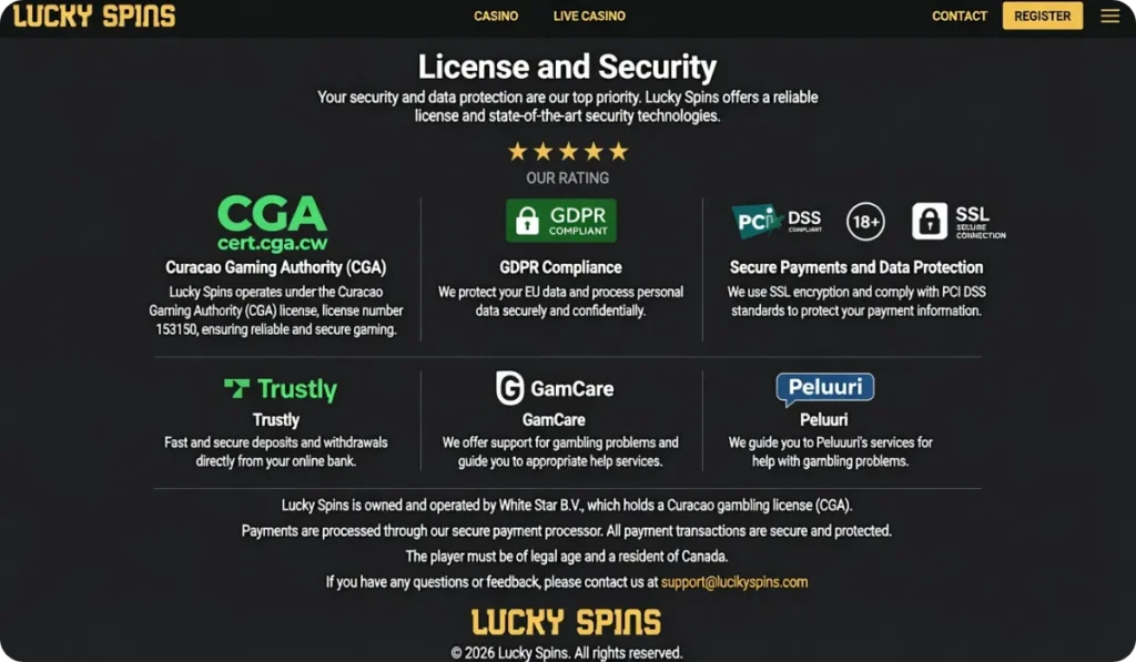 Lucky Spins Licence and Security